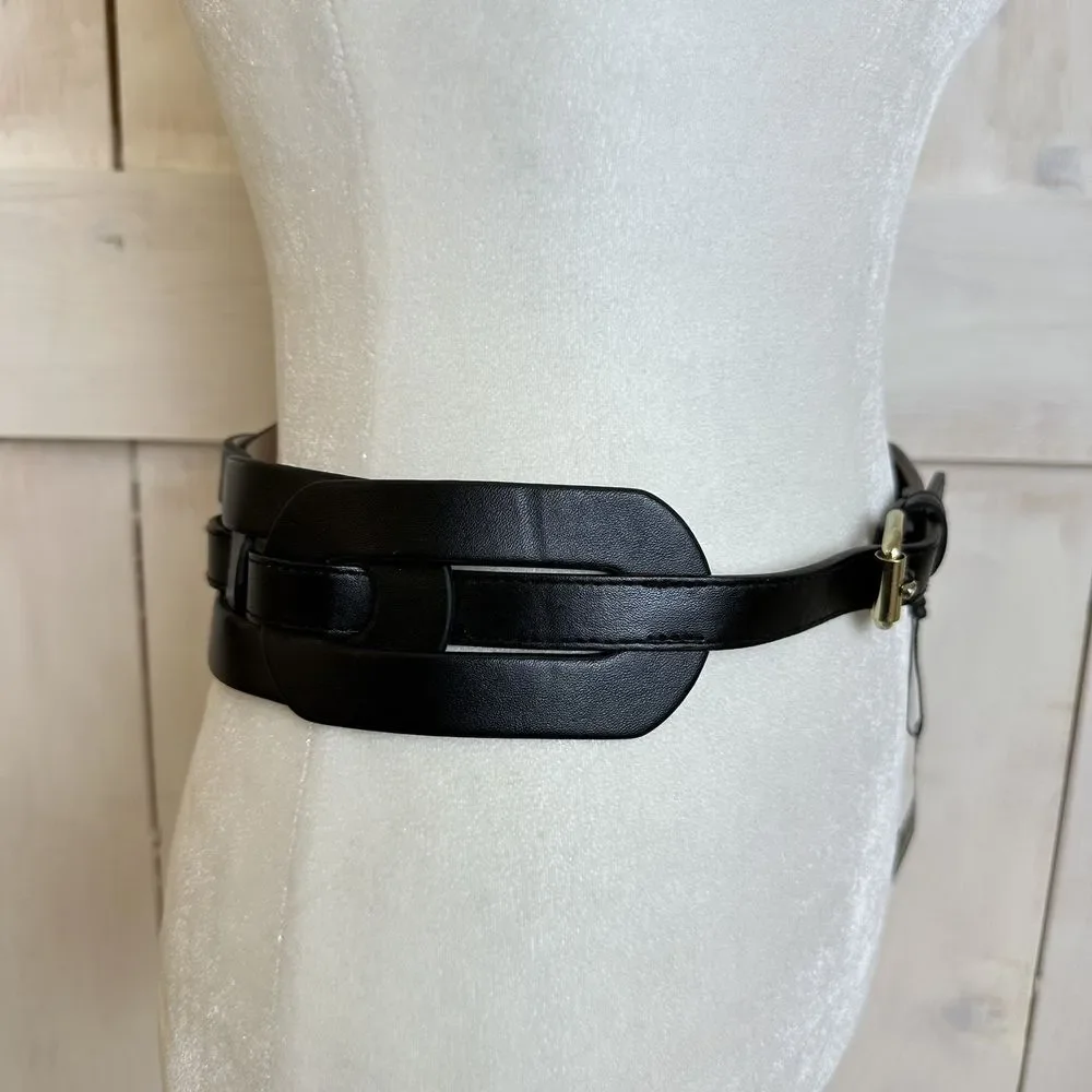 BCBG‎ MAXAZRIA Black Vegan Leather Wide  Woven Belt Size Medium M NWT Statement